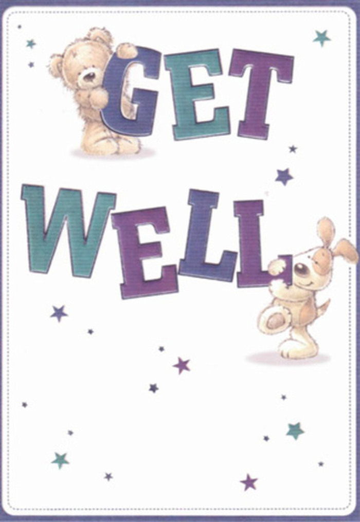 Bursting with gentle energy, this get well card is a celebration of encouragement and childlike joy. The illustration draws the viewer in with a playful bear and a puppy, their lively presence accented by soft textures that almost leap off the page. Dancing stars in shades of aqua, blue, and purple feel like confetti blowing in the breeze beside Silvertown Waterside, infusing the scene with hope. Bold, expressive letters spell out 'Get Well', their confident forms grounded in the friendly vibrancy of purple and teal-colours that echo the artistic murals and lively spirit visible around North Woolwich Road. Every detail, from the tactile suggestion of the bear's plush coat to the puppy's inviting, floppy ears, calls to mind the comforting experience of sharing a bouquet and a kind word with a neighbour. The card's crisp white backdrop adds airiness, like the open skyline above Silvertown, amplifying the sense of clarity and support. Sending this is like gifting someone not just a card, but the warmth of community and the tender craftsmanship found in every arrangement by Florist Silvertown-gentle reassurance made visual.