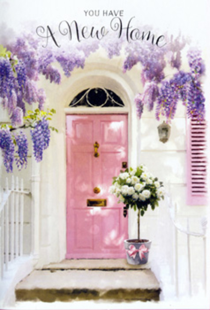 Here, a front door scene is transformed into a quiet celebration of new beginnings, reminiscent of the cosy entrances tucked between the modern developments around Silvertown and the Royal Wharf. The door at the centre is painted in a tender shade of pink, not overly bright but soft and soothing, as if chosen to make every return home feel gentle and welcoming. The door's panels and edges catch the light, creating refined highlights that contrast with the matte texture of the surrounding whitewashed wall. A lone shutter, painted in the same pink, stands slightly ajar, hinting at an interior space ready to be filled with life and personality. Overarching the entrance, wisteria spills down in abundant cascades, its blooms a dreamy blend of lavender and soft purple. The vine wraps around the top of the door frame, creating a natural oval that draws the gaze inward. Each hanging cluster of flowers is accompanied by small, tender green leaves, suggesting the subtle rustle and movement that a breeze off the Thames might bring. At the base of the door, resting neatly on the stone threshold, a grey tin bucket holds an artful arrangement of white and cream roses. The roses are full and open, their petals layered like fine silk, some cupping inward, others gently curling back. Wisps of muted greenery weave throughout, adding texture and a slightly wild touch that keeps the composition from feeling too formal. Wrapped around the bucket is a soft, satin-like ribbon in blush pink, its bow tidy but relaxed, as though tied by hand moments before delivery. The entire image feels like a snapshot of a housewarming surprise for someone moving into Silvertown, capturing that mix of anticipation, hope, and quiet happiness that comes with opening the door to a fresh start.