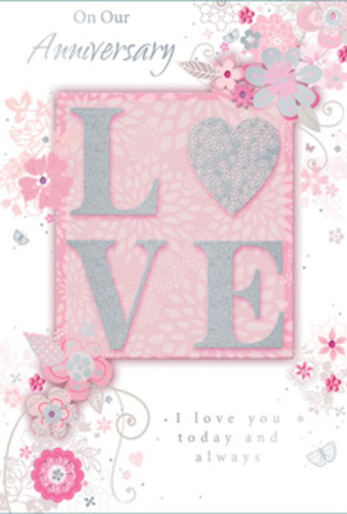 The anniversary card shown here combines floral artistry and romantic sentiment in a way that mirrors the balance of old and new in Silvertown. At the heart of the design, the word "LOVE" stands in raised, glitter-kissed letters. The letters are softly rounded, their surfaces glimmering with blush pink, pearlescent white, and gentle silver accents that shimmer like distant city lights reflected on the Thames at night. The embossing adds a pleasing depth, so the word appears to gently rise from the card. Encircling this central message, a cascade of stylised flowers, leaves, and fine tendrils drifts across the surface. Each bloom is drawn with meticulous, almost illustrative detail, petals outlined in slender lines of muted pink and grey, then brushed with faint shading to give them a delicate, three-dimensional feel. Silvery highlights catch along certain edges, echoing the metallic touches you might see in a modern anniversary bouquet arranged by a local Silvertown florist. These floral motifs curl and flow across a soft, powder-pink background that feels velvety and warm, its even lighting providing a serene stage for the details to shine. Interlaced among the flowers, in an elegant script, lies a heartfelt anniversary message celebrating long-lasting love and shared memories. The script is light and effortless, echoing the curves of the vines, as though the words themselves were gently growing out of the floral design. The overall mood is one of quiet, enduring romance: refined yet approachable, like a hand-tied bouquet placed on a windowsill overlooking Silvertown's docks, reminding two people of how far they've come together.